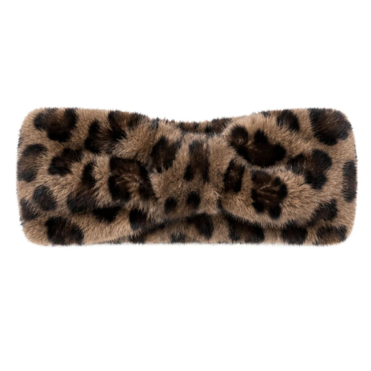 Leopard Faux Fur Headwrap in brown and black featuring a plush faux-fur texture, bold leopard print, and elegant twisted-front design for a stylish cold-weather look