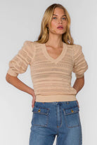 v necdk puff sleeve beige sweater top