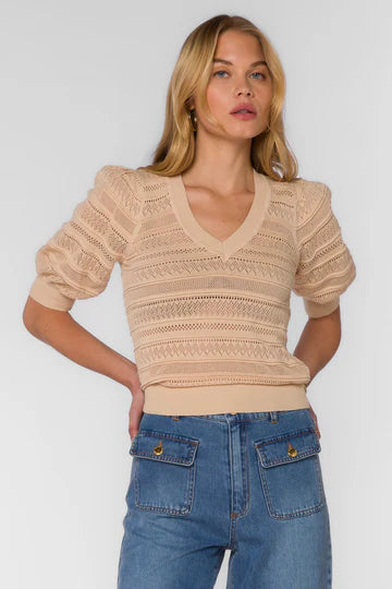 v necdk puff sleeve beige sweater top