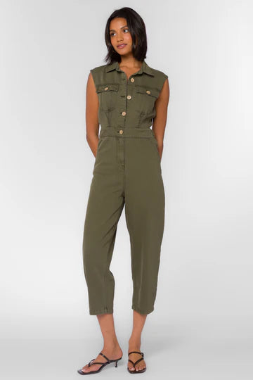 sleeveless tencel button up jumpsuit in olive