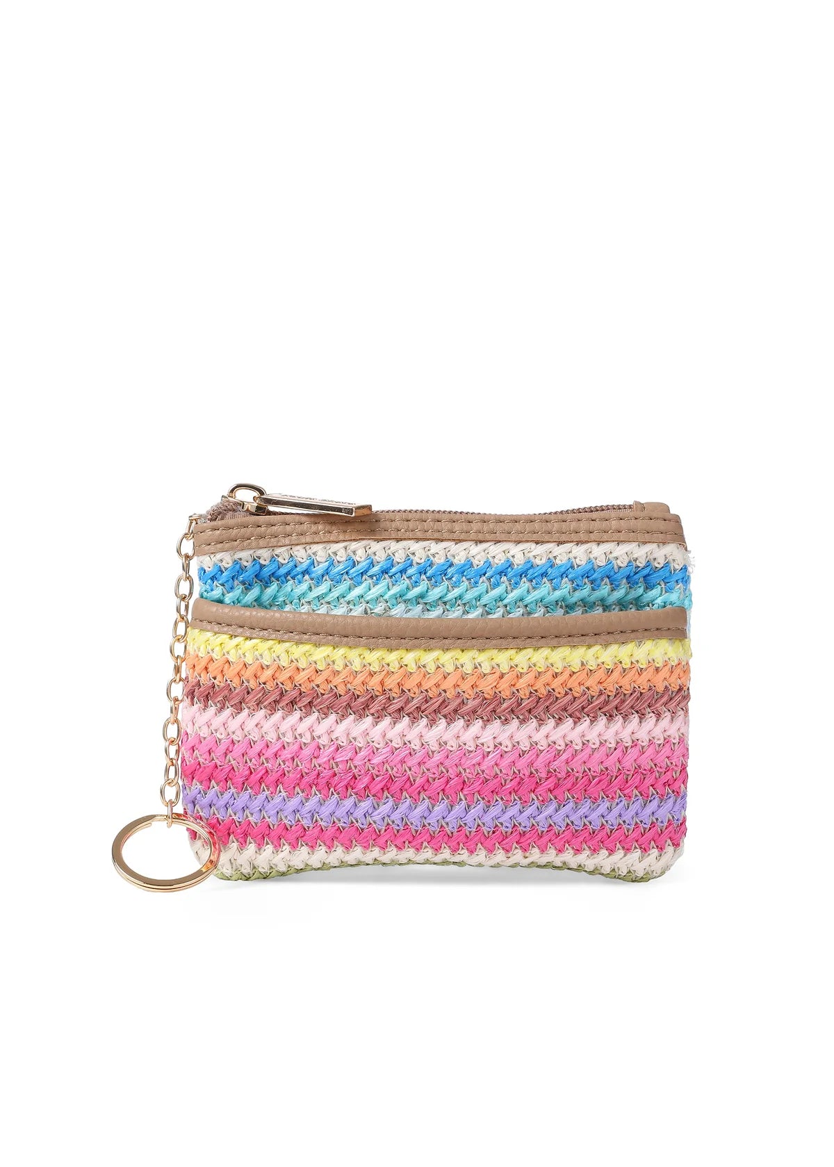 Multicolor striped woven zipper pouch with keyring detail and textured raffia-inspired design.