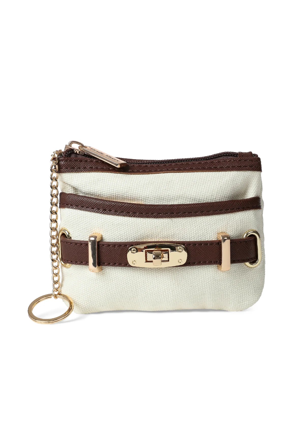 Compact zip pouch with canvas texture, decorative buckle detail, keyring chain, and gold-tone hardware.