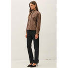 Women's suede-feel bomber jacket with a high collar, zipper and snap-button front, welt pockets, and banded hem