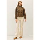 Women's suede-feel bomber jacket with a high collar, zipper and snap-button front, welt pockets, and banded hem