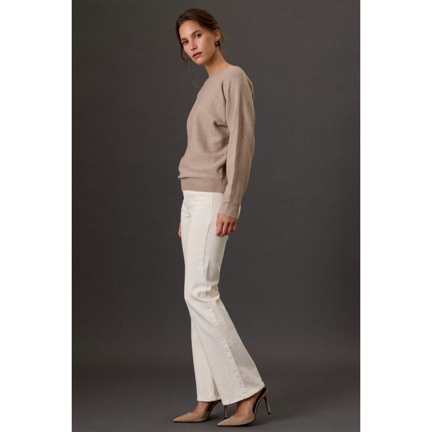 Women's heathered boat neck knit sweater with long sleeves, ribbed cuffs, rolled-edge details, and a relaxed fit