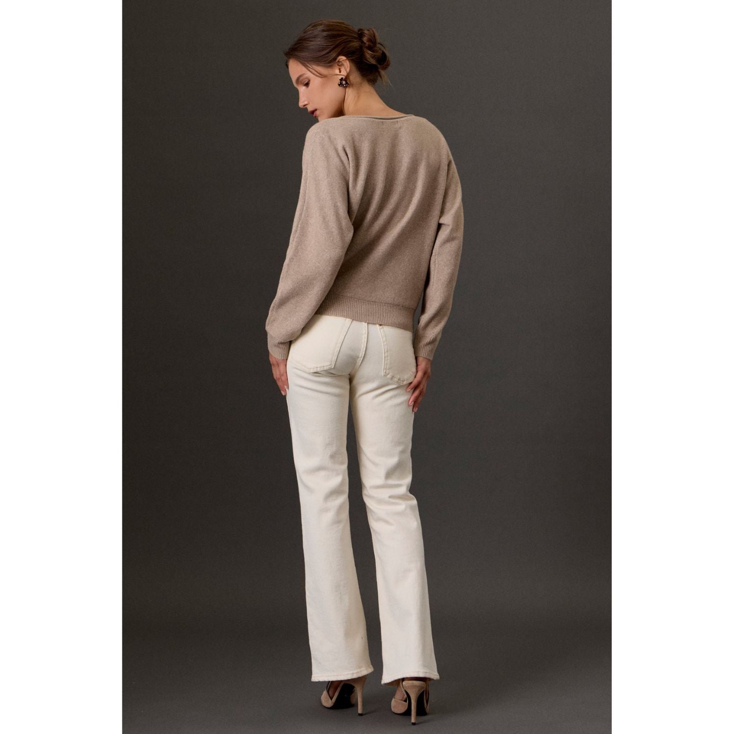 Women's heathered boat neck knit sweater with long sleeves, ribbed cuffs, rolled-edge details, and a relaxed fit
