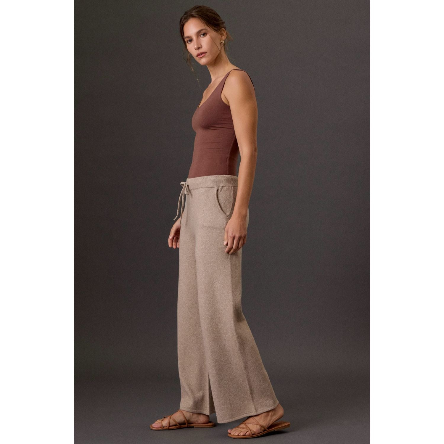 Women's ultra-soft sweater knit wide leg pants with a drawstring waistband and relaxed fit