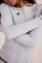 Free People So Soft Seamless Modal Cable Long Sleeve in Heather Grey, close-up detail view