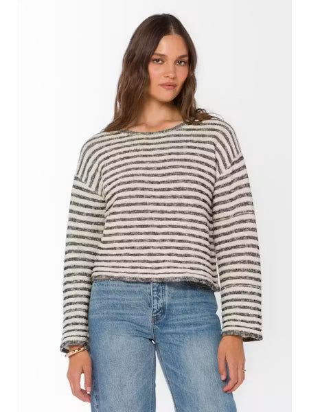 Lightweight striped knit sweater featuring a relaxed fit, dropped shoulders, long sleeves, and a slightly cropped silhouette.