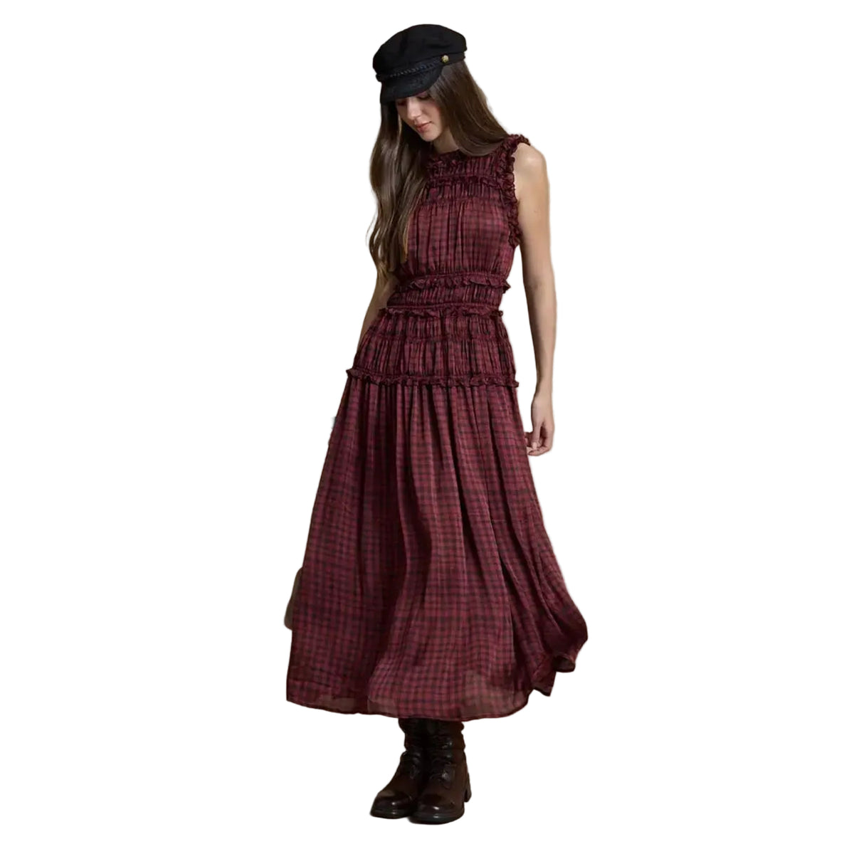 Plaid Ruffle Trim Smocked Maxi Dress-