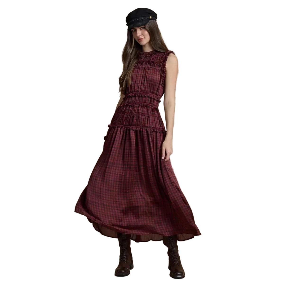 Plaid Ruffle Trim Smocked Maxi Dress-RAISONNEL-EC13572