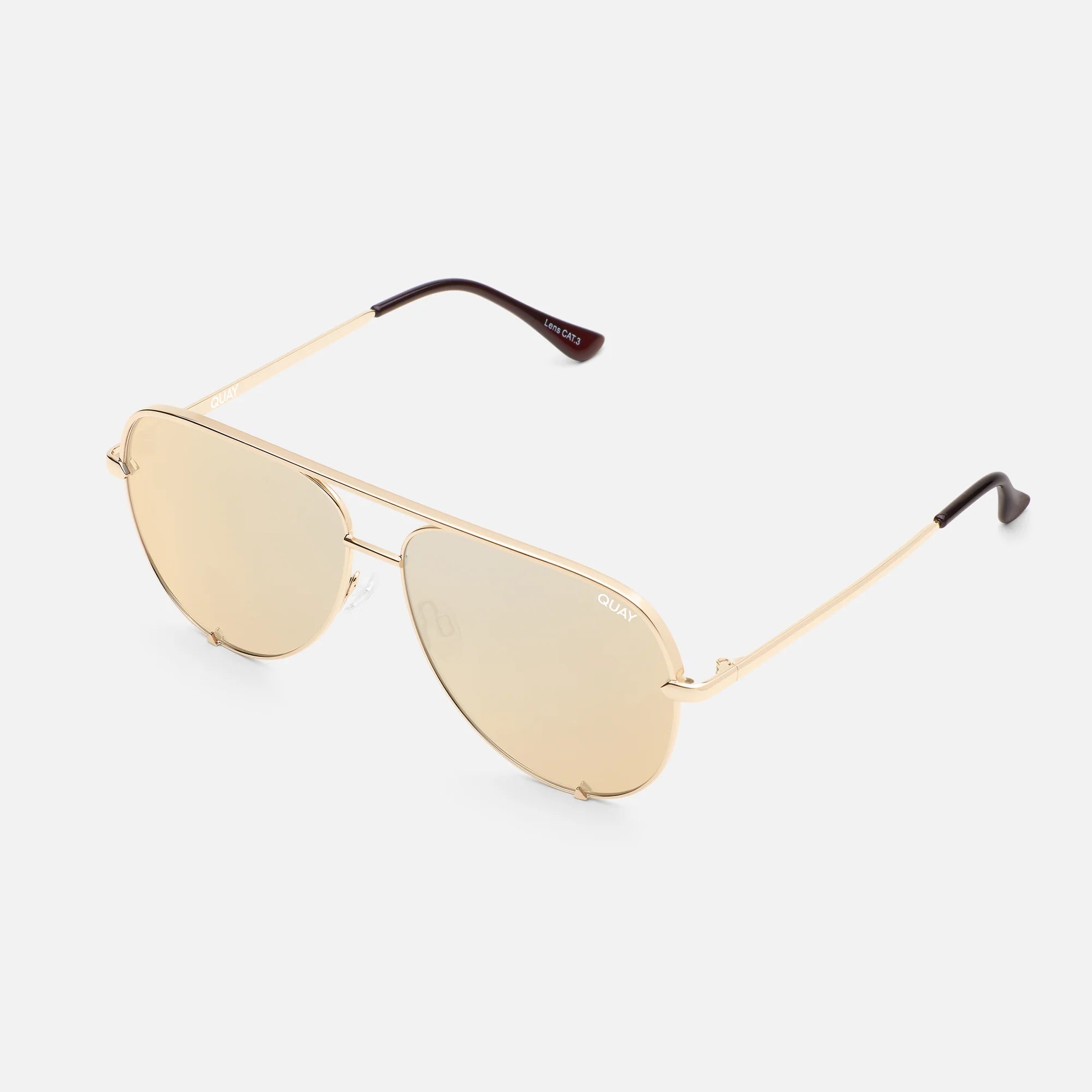 Quay High Key Polarized Gold. Keep it High Key with these bestselling aviators designed to flatter every face shape and size. This fan fave features a flat, polarized oversized lens that perfectly balances weight and durability.