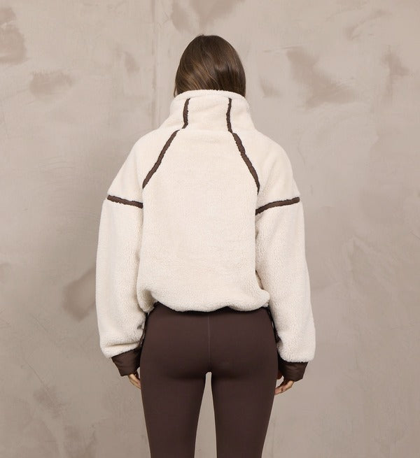 Vintage Havana Sherpa Quarter Zip in Light Beige Brown, back view