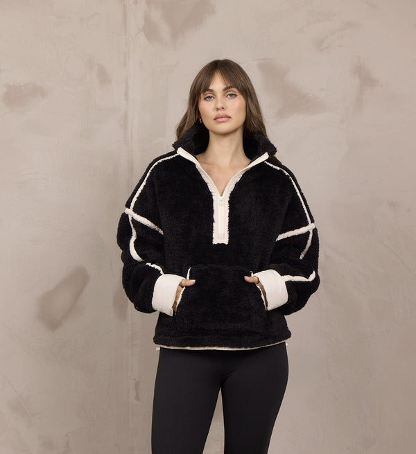 Vintage Havana Sherpa Quarter Zip in Black Ivory, front view