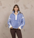Vintage Havana Sherpa Quarter Zip in Stone Blue Ivory, front view