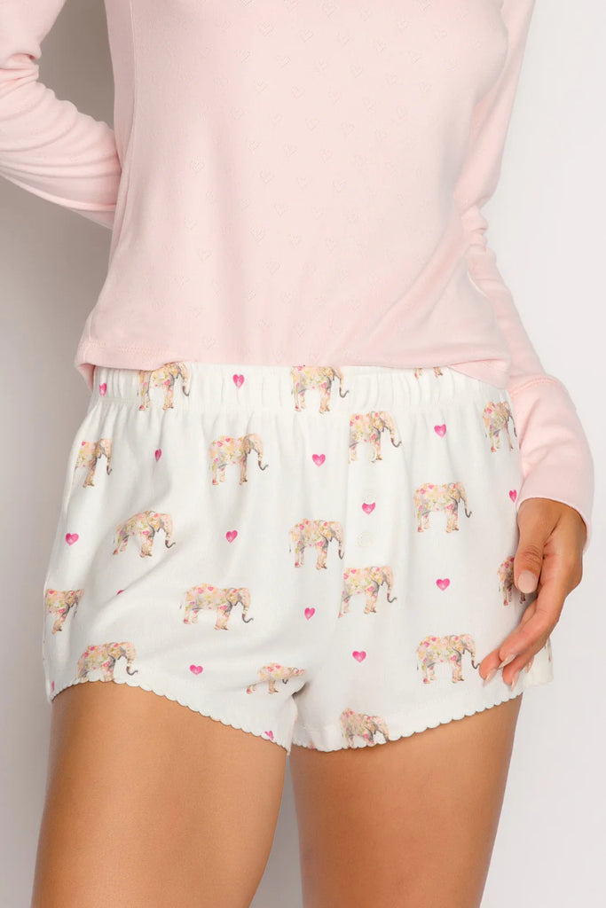 PJ Salvage Love A Ton Short Ivory. Rest easy in these elephant-print sleep shorts with tiny picot trim at hem, the perfect cozy piece to add to your pajama collection.