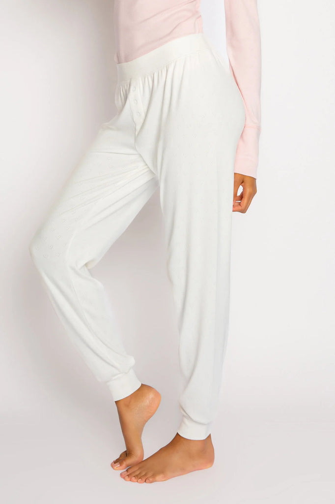 PJ Salvage Pointelle Hearts Pant Ivory. Rest easy in these brushed pajama pants, especially in an incredibly soft pointelle pattern, featuring mini hearts and banded cuffs with mini faux button fly.