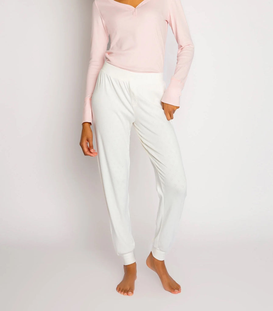 PJ Salvage Pointelle Hearts Pant Ivory. Rest easy in these brushed pajama pants, especially in an incredibly soft pointelle pattern, featuring mini hearts and banded cuffs with mini faux button fly.