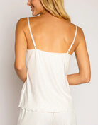 PJ Salvage Ivory Pointelle Hearts Tank Ivory. This sweet ivory sleep camisole in a soft brushed pointelle pattern featuring mini hearts with shelf mini rosette at neckline makes the perfect set with the matching hearts shorts.