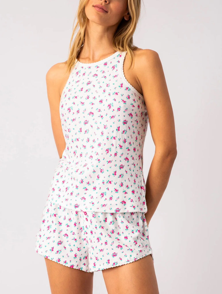 PJ Salvage Vintage Remix Cami Ivory Print. This adorable floral print tank is made in super soft pointelle knit, wear it on its own or with the matching pant or short for a cute set.