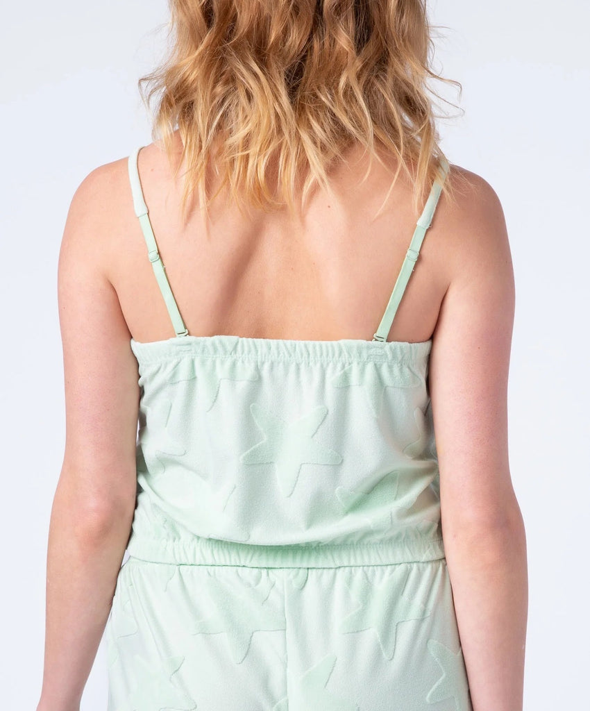 PJ Salvage Terry Topics Tank Key Lime. Star fish print and a key lime shade set the tone for a fun summer, this tank has removable bra straps for a tube top look and is made of super soft terry.