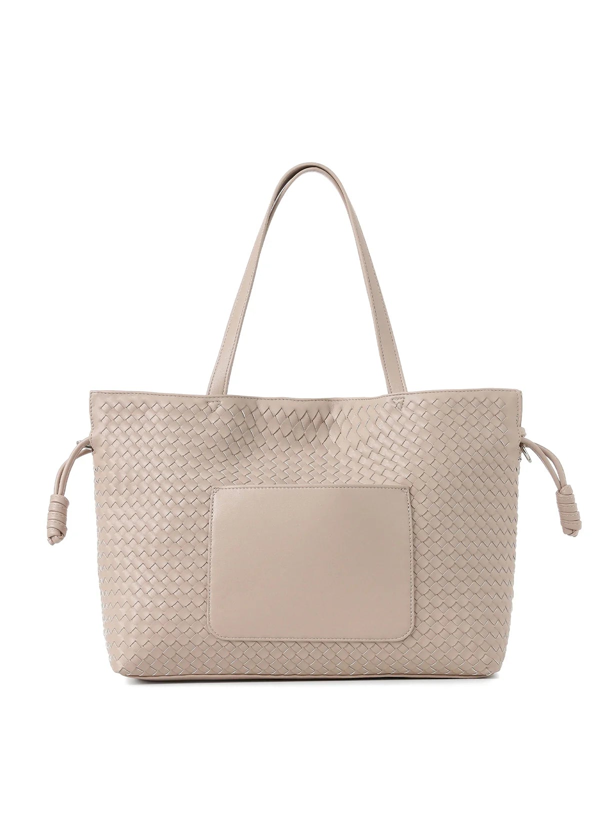 Oversized woven tote bag with textured intrecciato-inspired detailing, shoulder straps, front pocket, and adjustable drawstring side accents.