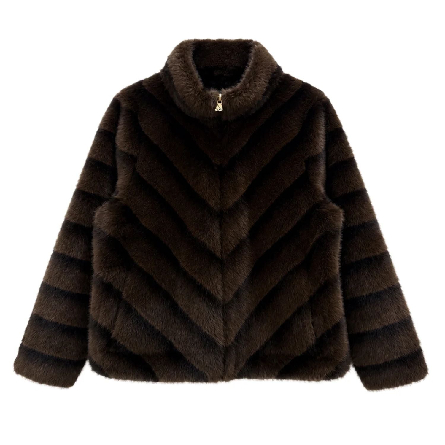 Reversible Fur Jacket in rich brown featuring a plush textured finish, elegant high collar, diagonal fur panel detailing, and a relaxed hip-length silhouette
