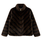 Reversible Fur Jacket in rich brown featuring a plush textured finish, elegant high collar, diagonal fur panel detailing, and a relaxed hip-length silhouette