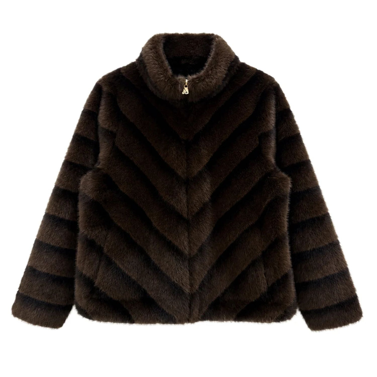 Reversible Fur Jacket in rich brown featuring a plush textured finish, elegant high collar, diagonal fur panel detailing, and a relaxed hip-length silhouette
