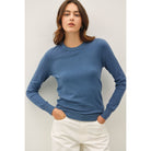 Women's sage crew neck knit sweater with long sleeves, ribbed hem and cuffs, and a relaxed fit