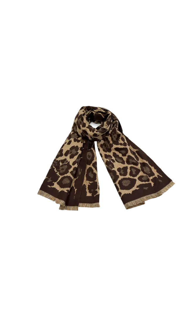A leopard-print scarf with fringed ends.
