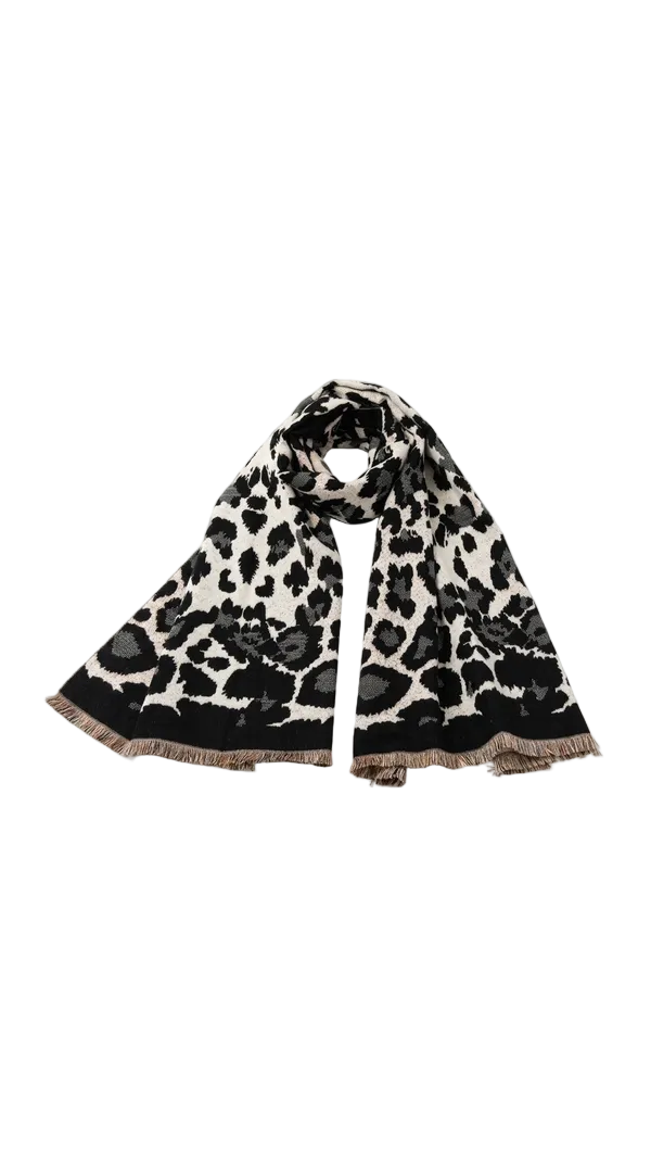A leopard-print scarf with fringed ends.