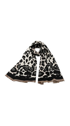 A leopard-print scarf with fringed ends.