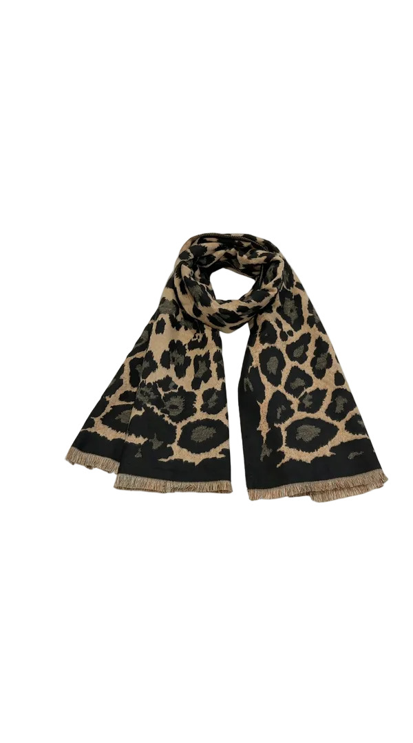 A leopard-print scarf with fringed ends.