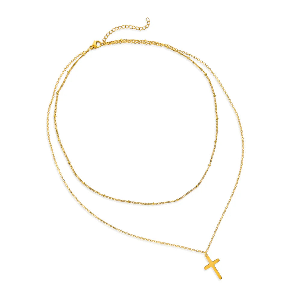 gold cross necklace, layered cross necklace, dainty gold necklace, faith jewelry, gold chain with cross, layered pendant necklace, minimal gold jewelry, everyday gold necklace, women’s gold cross necklace, modern layered necklace