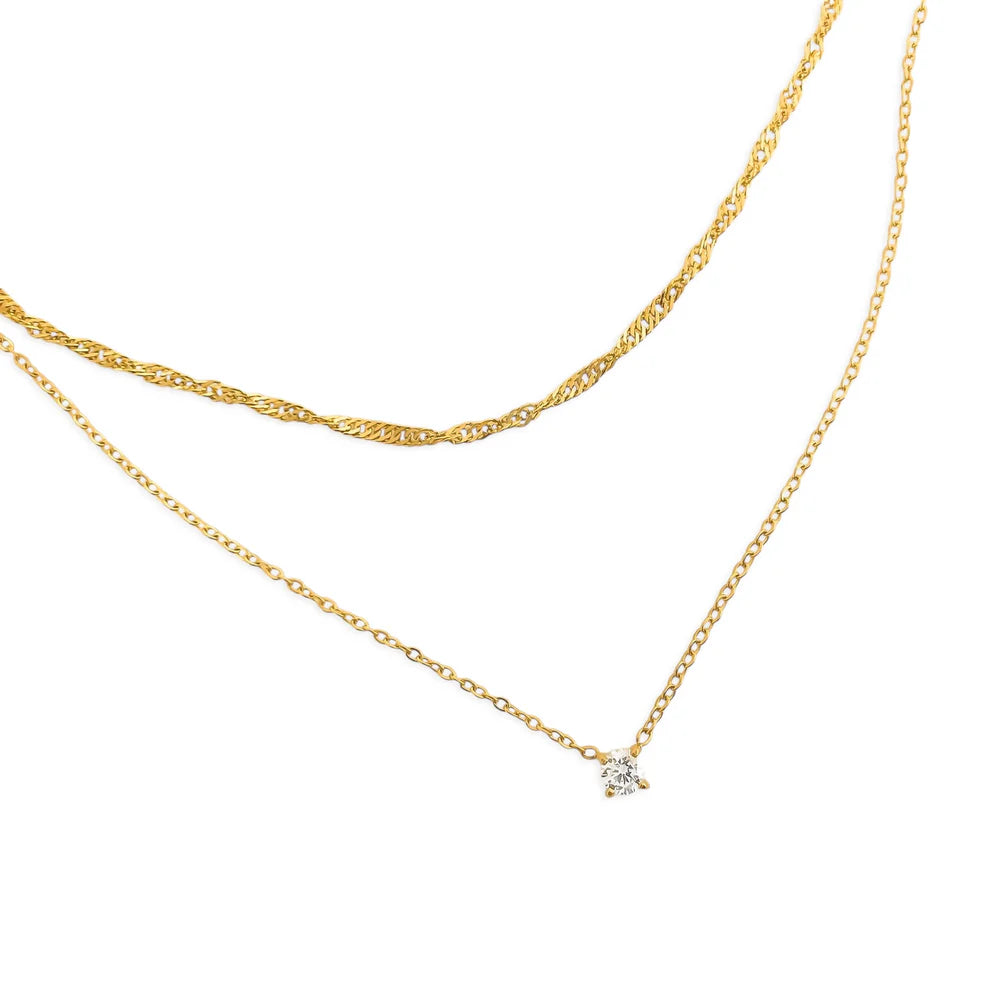 gold layered necklace, gold solitaire necklace, dainty crystal necklace, minimal gold jewelry, gold twisted chain necklace, gold pendant necklace, everyday gold necklace, layering necklace, delicate gold necklace, sparkle gold jewelry
