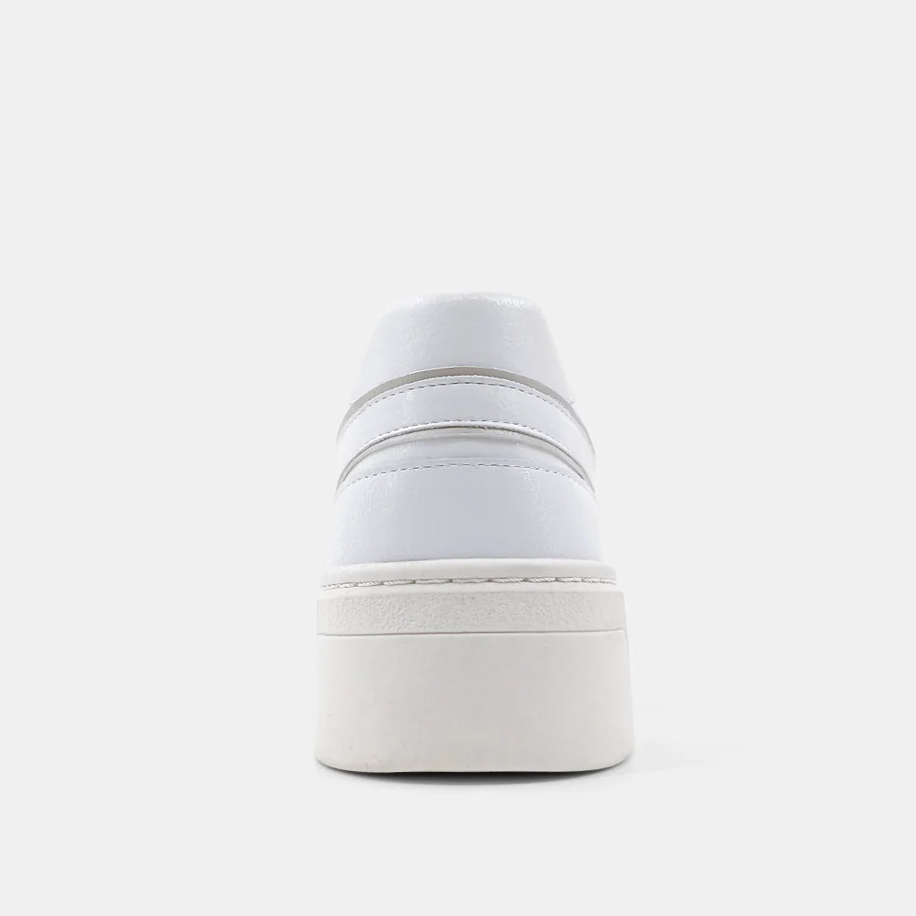 Satine Sneaker White. Modern take on classic basketball shoe, these sneakers are crafted from high-quality synthetic leather and feature stacked rubber soles that offer both comfort and style.