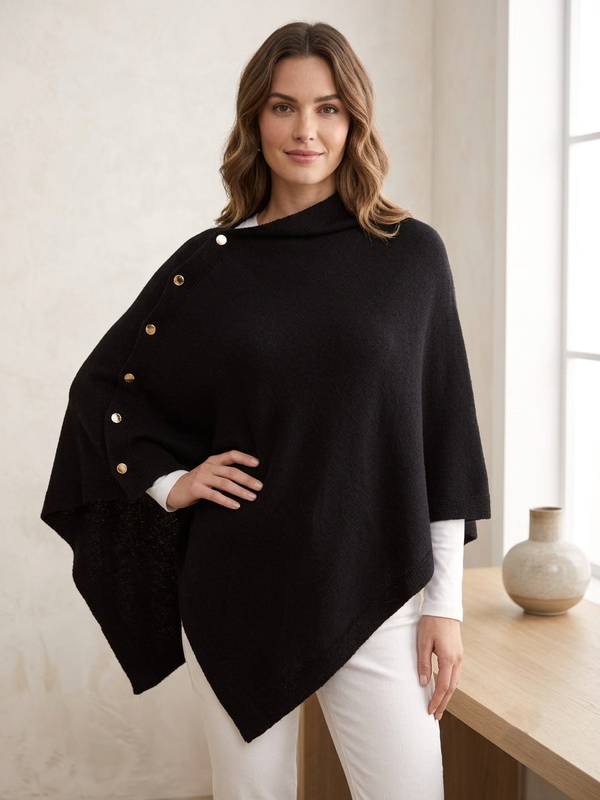 Woman wearing a knit poncho with a button-front collar and asymmetric hem.