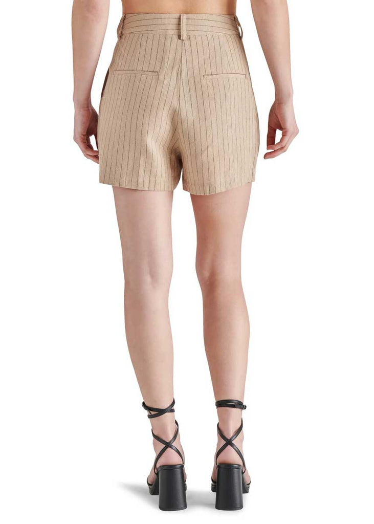 Steve Madden Imelda Short Wood Thrush. These lightweight linen-blend shorts get a modern update with a high waist, perfectly polished pleats and a clean or striped design depending on your personal preference.