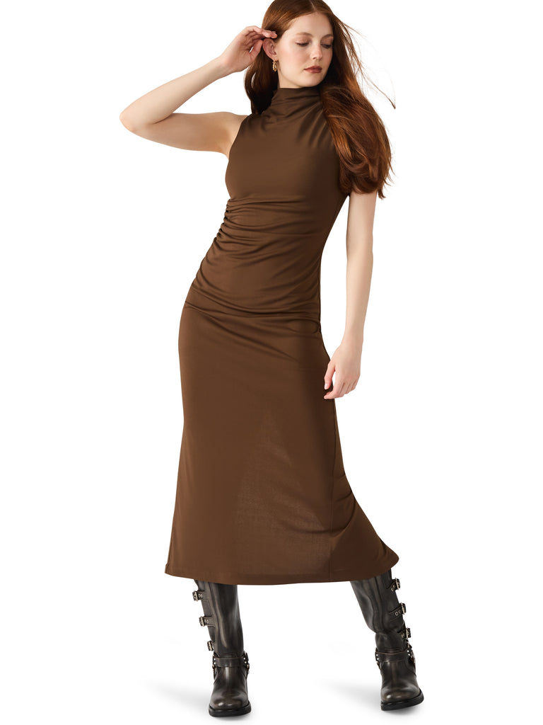 brown midi dress, mock neck dress, sleeveless bodycon dress, ruched midi dress, fall brown dress, chic neutral dress, chocolate dress, fitted knit dress, minimalist style dress, day-to-night outfit
