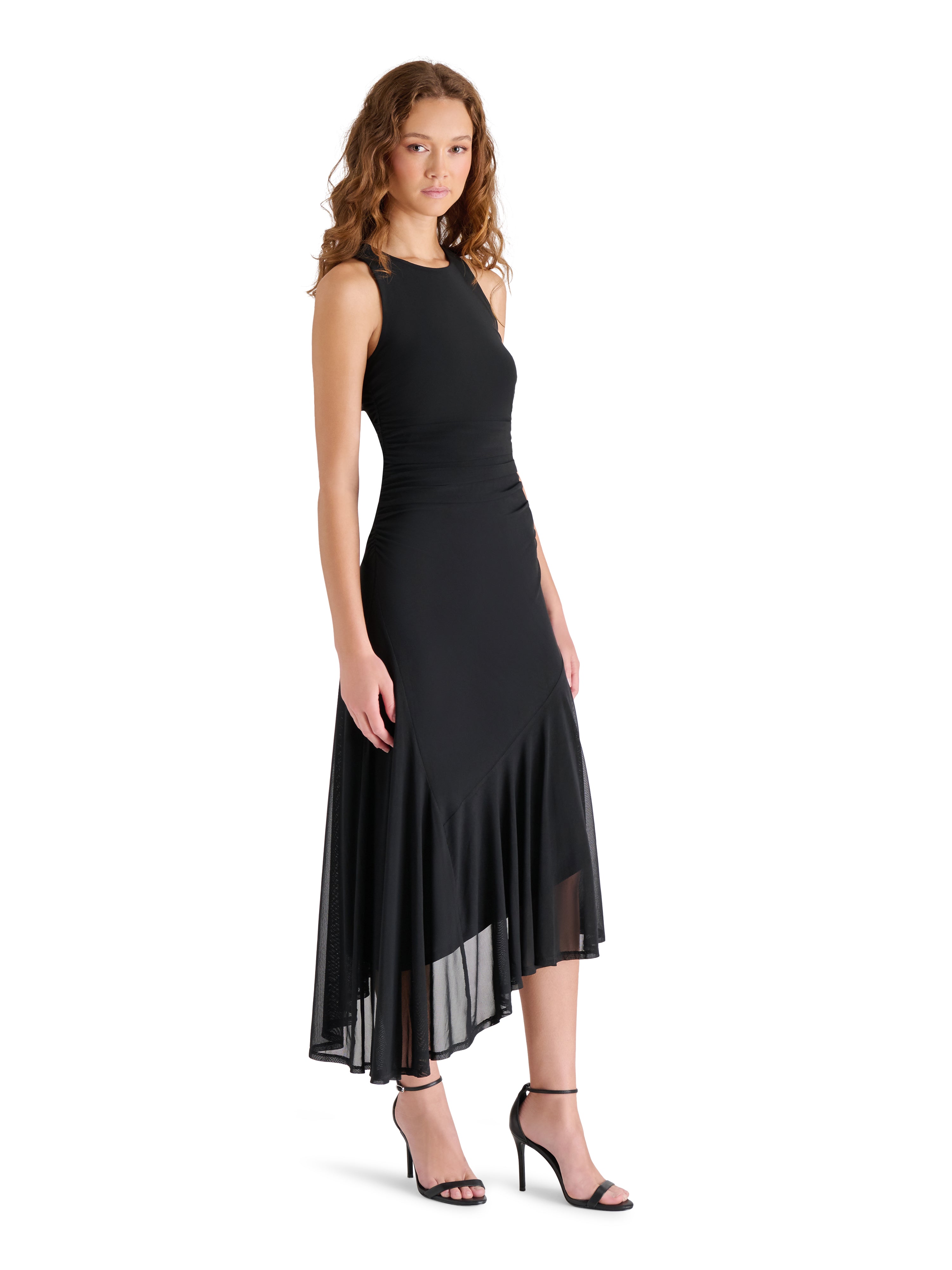 mesh midi dress, sheer overlay dress, black midi dress women, cocktail midi dress, mesh skirt dress, sleeveless midi dress, event dress women, asymmetrical midi dress, boutique evening dress