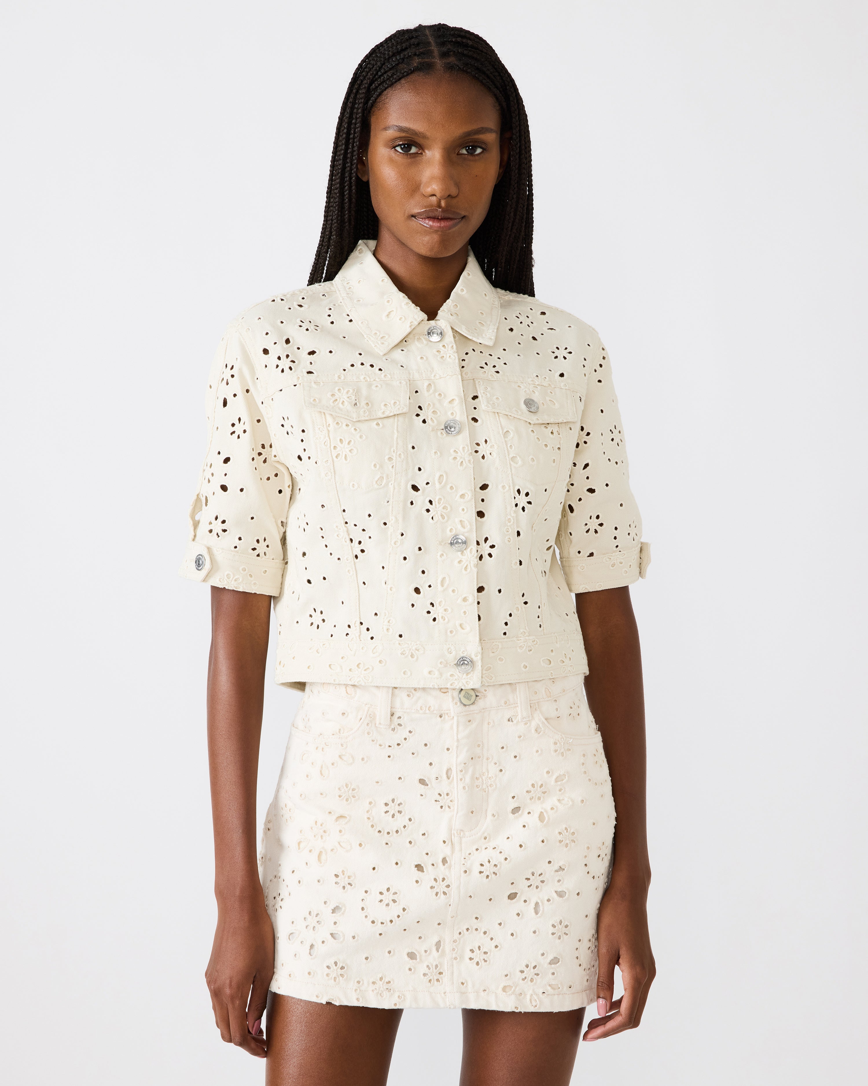 eyelet jacket top, eyelet button down top, short sleeve jacket top, eyelet embroidery top, women’s eyelet top, matching set top women, cropped jacket top, spring eyelet top, boutique eyelet blouse