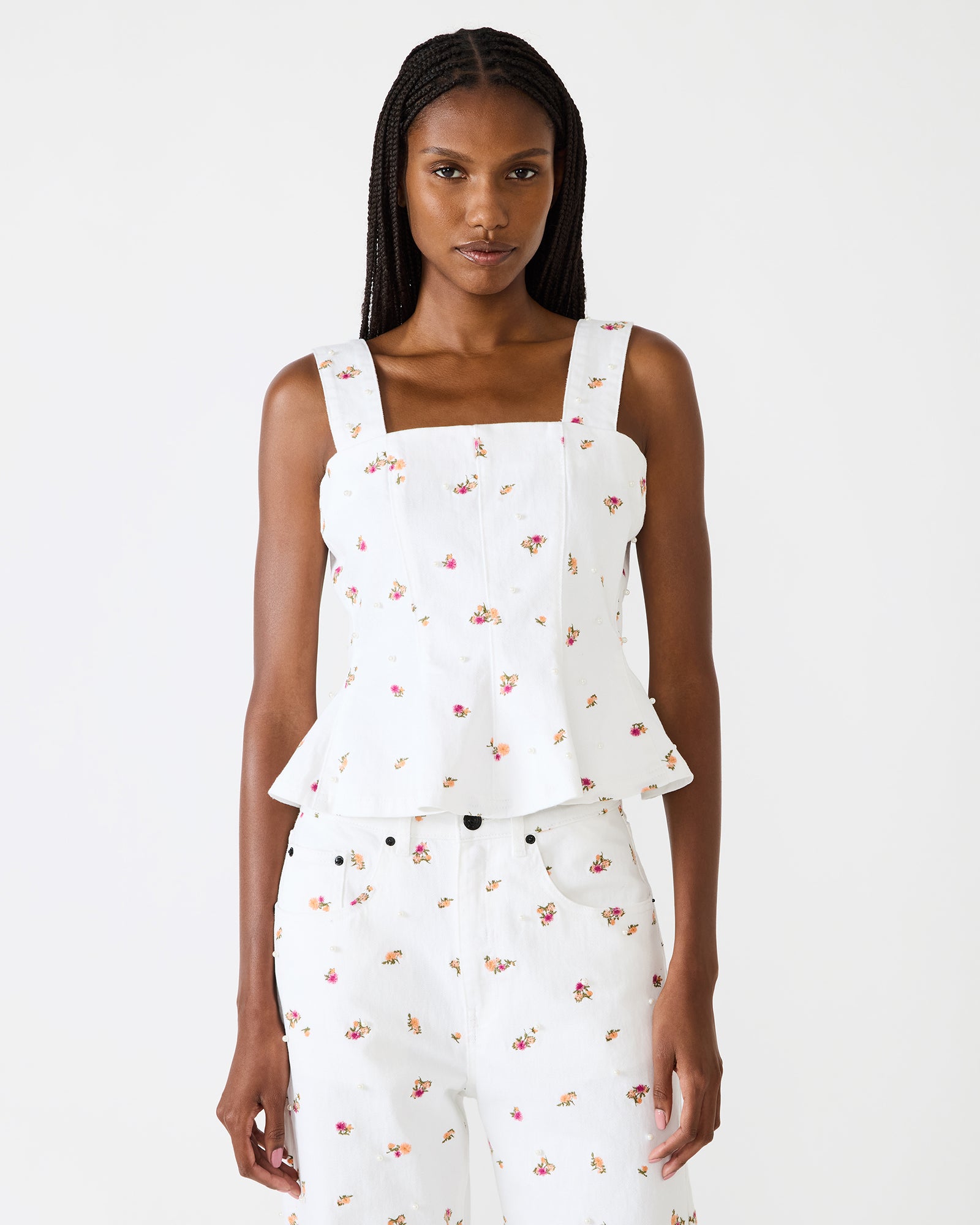 women’s peplum top, square neck top, sleeveless women’s top, feminine blouse, boutique women’s tops, structured sleeveless top, everyday dressy top, floral print top, spring women’s top, matching set top