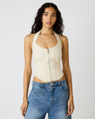 corset halter top women, structured halter top, zip front corset top, fitted fashion top women, modern feminine top, sculpted silhouette top, trendy halter crop top, elevated casual top women, boutique style corset top, fashion forward halter top, structured fitted tank, going out top women