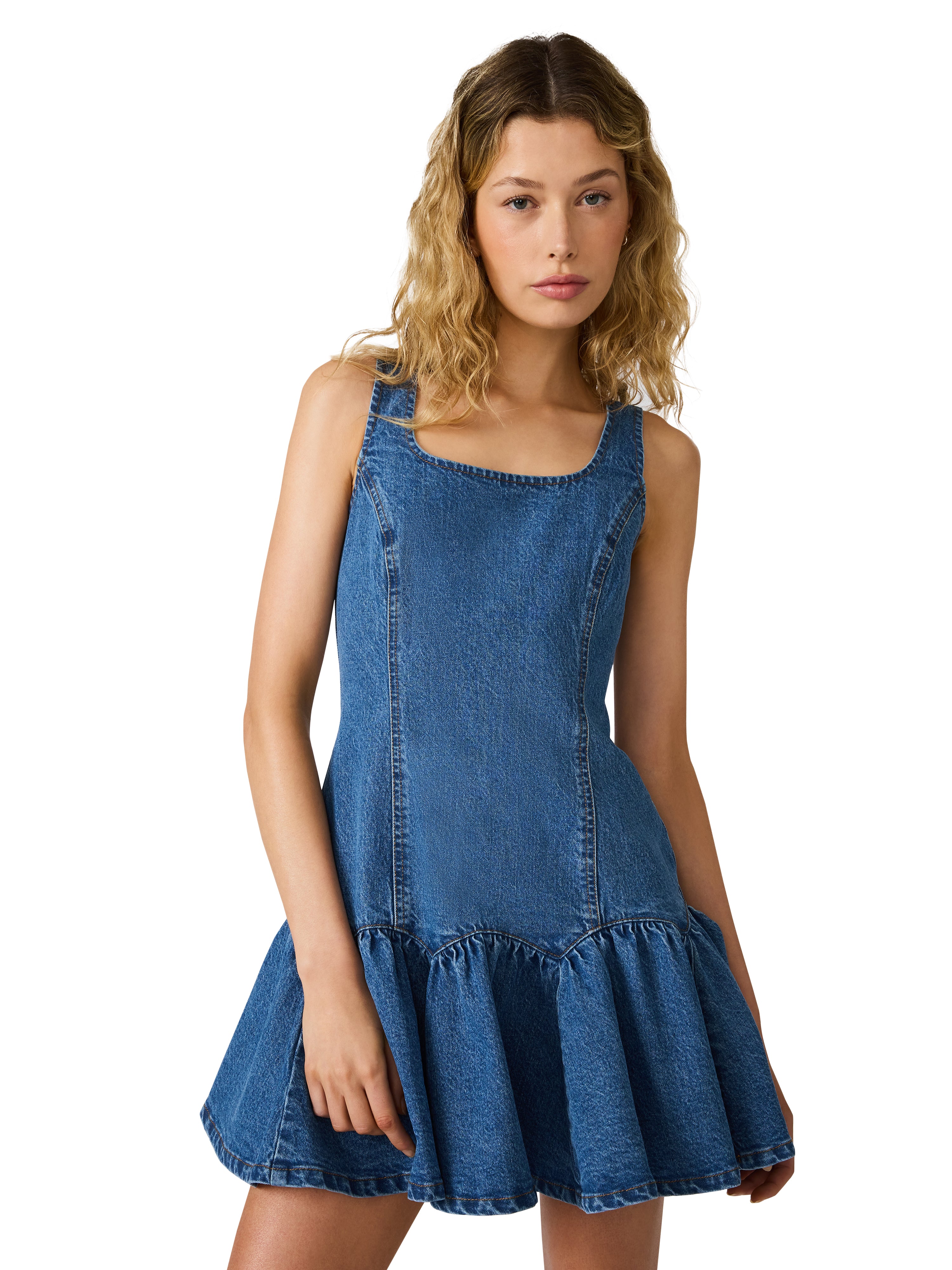 Denim mini dress with fitted bodice, drop waist, and flared skirt