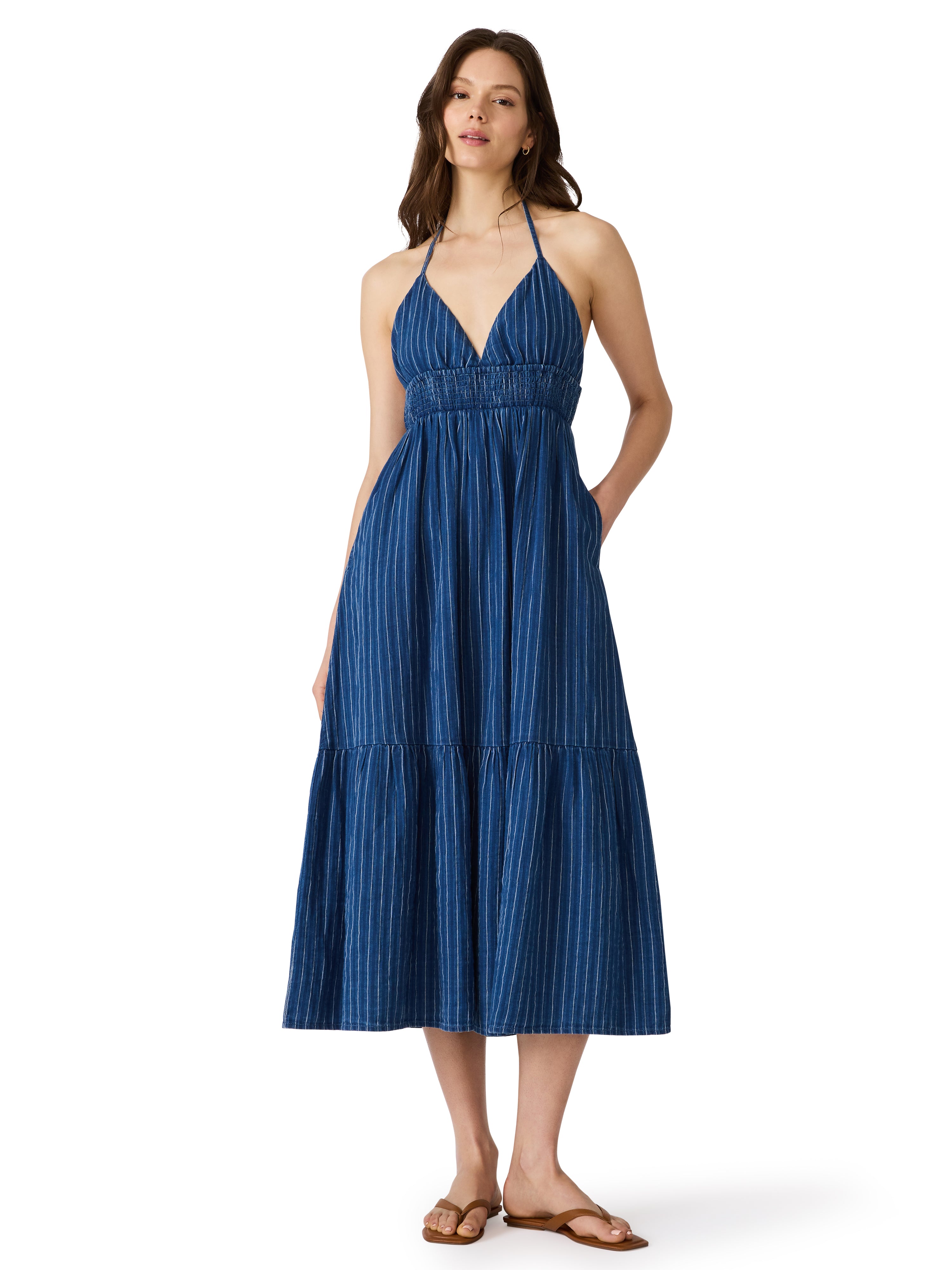 Halter midi dress with smocked waist, tiered skirt, and relaxed fit