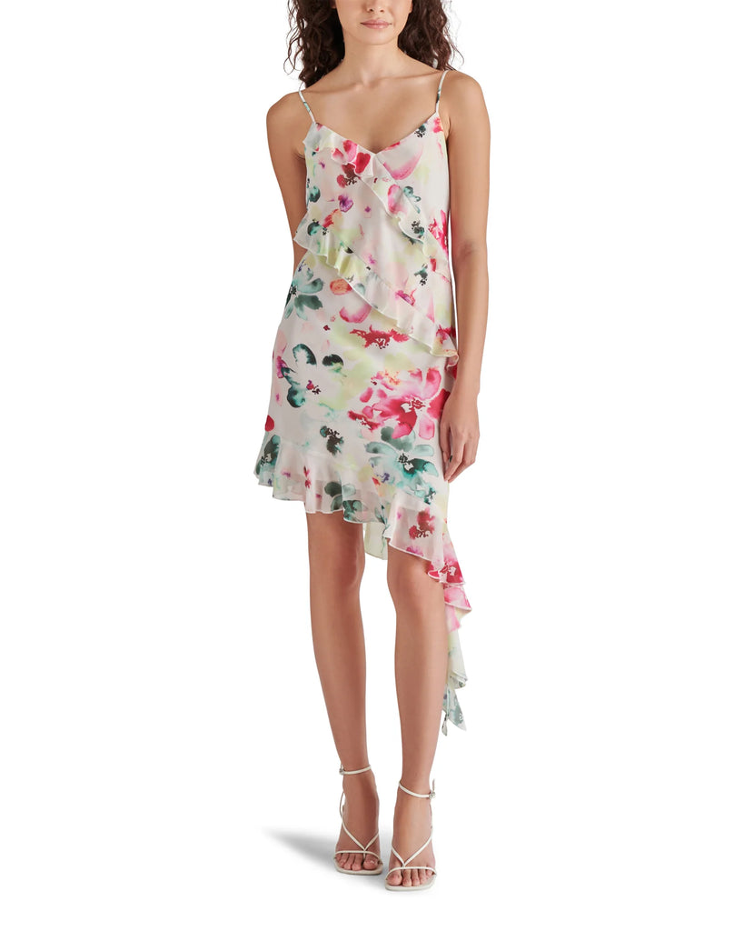 Steve Madden Carmentia Dress Multi. Dress up in style with this elegant dress featuring an asymmetrical ruffle tiered design, adjustable straps for a perfect fit, and full lining for added comfort. Make a statement and turn heads at any event with this must-have piece.
