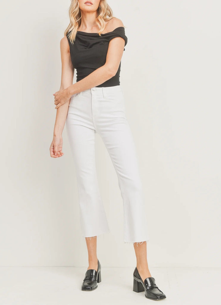 JBD Tonal Crop Flare Jean Optic White. Slim from the hips to thighs with a gently flared leg and perfectly cropped to show off a chic pair of shoes. With just enough stretch for all-day comfort, this high rise jean will be a go-to.