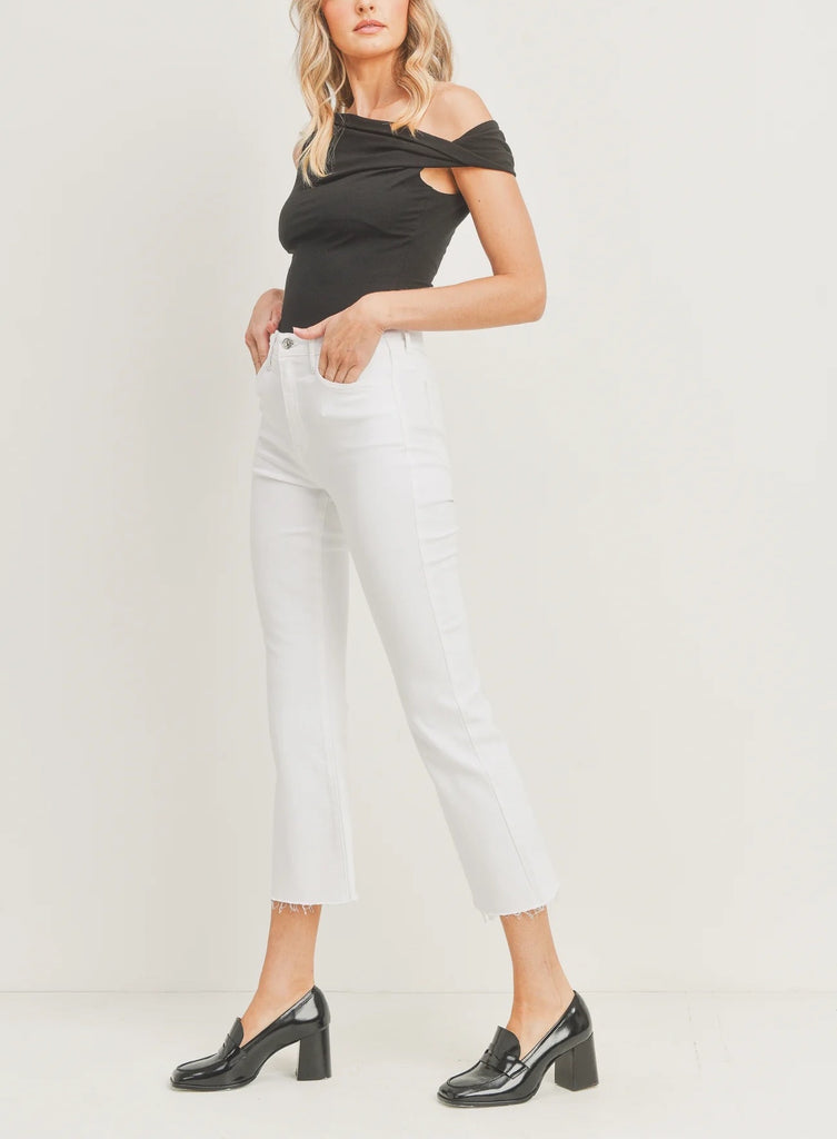 JBD Tonal Crop Flare Jean Optic White. Slim from the hips to thighs with a gently flared leg and perfectly cropped to show off a chic pair of shoes. With just enough stretch for all-day comfort, this high rise jean will be a go-to.