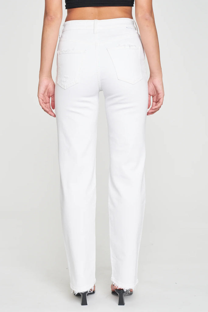 Daze Sundaze Crossover Jean White. Take it easy like Sunday morning in this relaxed straight leg, with a waist defining crossover button. Constructed in a soft white, the fit is mostly rigid, but with a touch of stretch.